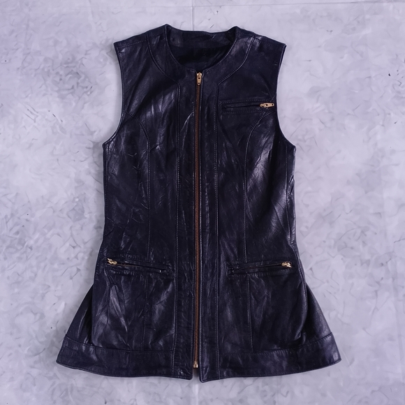 Vintage Dresses & Skirts - Vintage LIPTONS Black Leather Long Utility Vest Dress – Zipper Closure